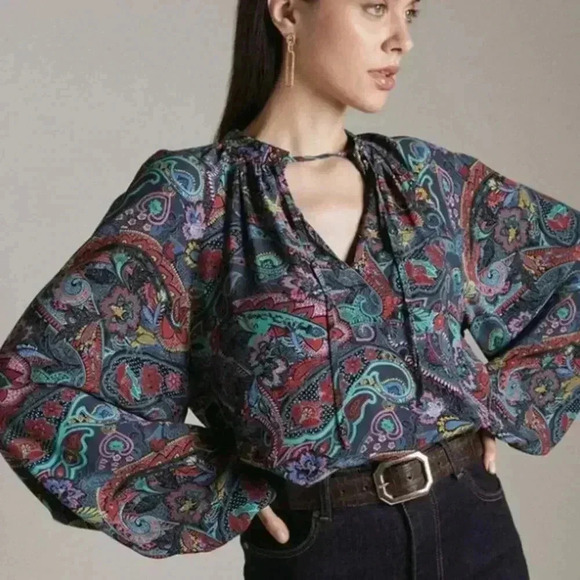 KAREN MILLEN Paisley Print Woven Tie Front Blouse - Multicolor - Size 8 - Picture 1 of 5